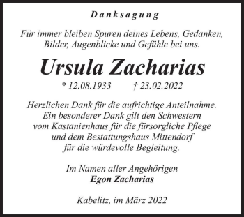 Traueranzeige von Ursula Zacharias  von Magdeburger Volksstimme