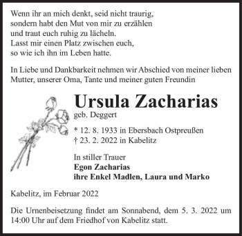 Traueranzeige von Ursula Zacharias (geb. Deggert)  von Magdeburger Volksstimme