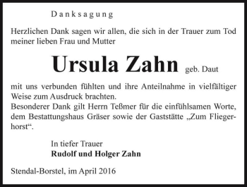Traueranzeige von Ursula Zahn (geb. Daut)  von Magdeburger Volksstimme