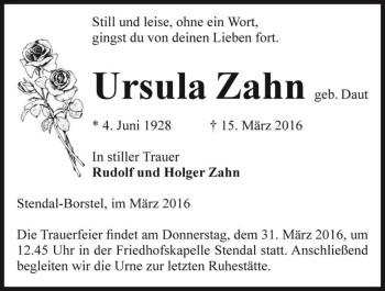 Traueranzeige von Ursula Zahn (geb. Daut)  von Magdeburger Volksstimme