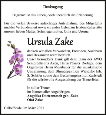 Traueranzeige von Ursula Zake  von Magdeburger Volksstimme