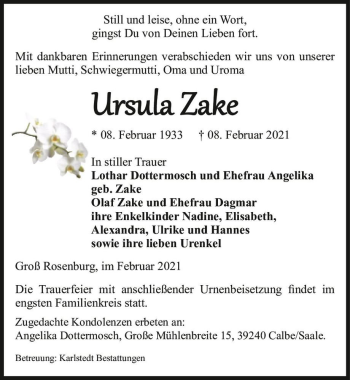 Traueranzeige von Ursula Zake  von Magdeburger Volksstimme
