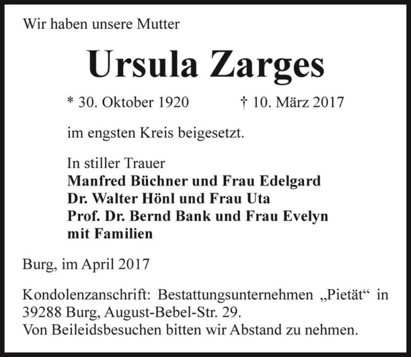  Traueranzeige für Ursula Zarges  vom 10.04.2017 aus Magdeburger Volksstimme