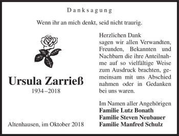 Traueranzeige von Ursula Zarrieß  von Magdeburger Volksstimme