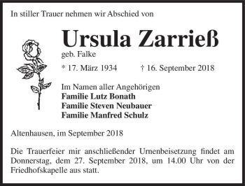 Traueranzeige von Ursula Zarrieß (geb. Falke)  von Magdeburger Volksstimme