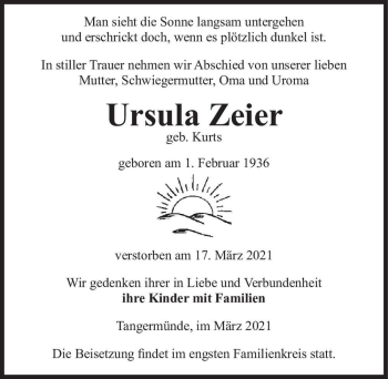 Traueranzeige von Ursula Zeier (geb. Kurts)  von Magdeburger Volksstimme