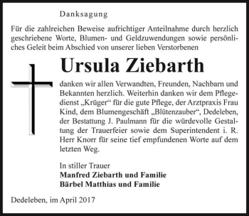 Traueranzeige von Ursula Ziebarth  von Magdeburger Volksstimme