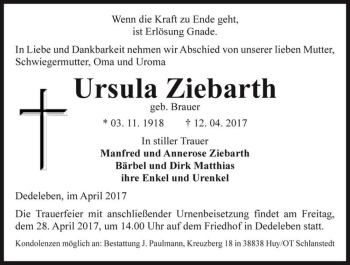 Traueranzeige von Ursula Ziebarth (geb. Brauer)  von Magdeburger Volksstimme