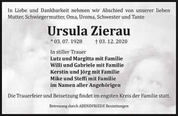 Traueranzeige von Ursula Zierau  von Magdeburger Volksstimme