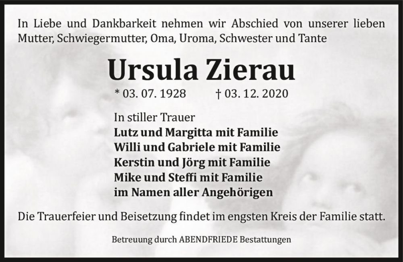  Traueranzeige für Ursula Zierau  vom 12.12.2020 aus Magdeburger Volksstimme