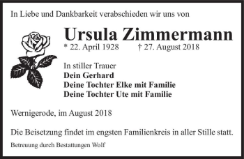 Traueranzeige von Ursula Zimmermann  von Magdeburger Volksstimme
