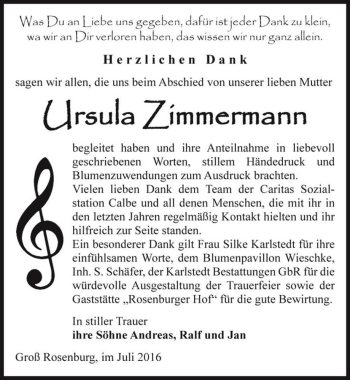 Traueranzeige von Ursula Zimmermann  von Magdeburger Volksstimme