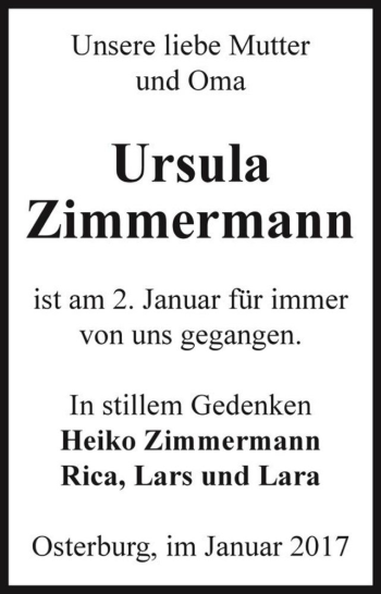 Traueranzeige von Ursula Zimmermann  von Magdeburger Volksstimme