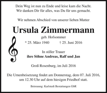 Traueranzeige von Ursula Zimmermann (geb. Hofsommer)  von Magdeburger Volksstimme