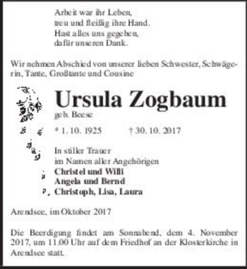 Traueranzeige von Ursula Zogbaum (geb. Beese)  von Magdeburger Volksstimme