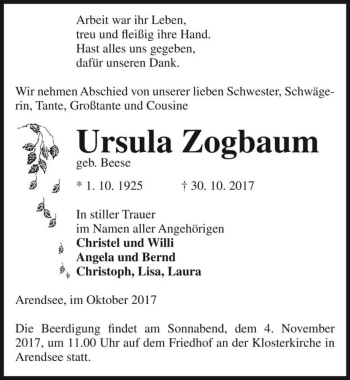 Traueranzeige von Ursula Zogbaum (geb. Beese)  von Magdeburger Volksstimme