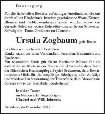 Traueranzeige von Ursula Zogbaum (geb. Beese)  von Magdeburger Volksstimme