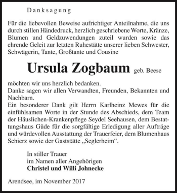 Traueranzeige von Ursula Zogbaum (geb. Beese)  von Magdeburger Volksstimme