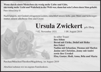 Traueranzeige von Ursula Zwickert (geb. Ehrig)  von Magdeburger Volksstimme