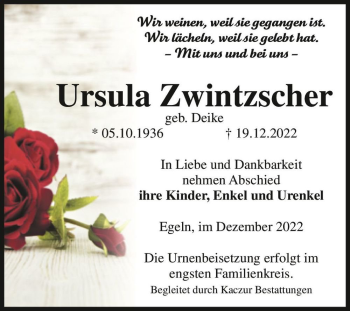 Traueranzeige von Ursula Zwintzscher (geb. Deike)  von Magdeburger Volksstimme