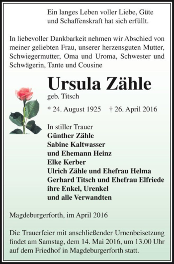 Traueranzeige von Ursula Zähle (geb. Titsch)  von Magdeburger Volksstimme