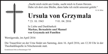 Traueranzeige von Ursula von Grzymala  von Magdeburger Volksstimme