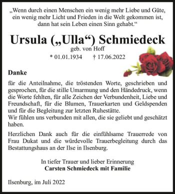 Traueranzeige von Ursula “Ulla“ Schmiedeck (geb. von Hoff)  von Magdeburger Volksstimme