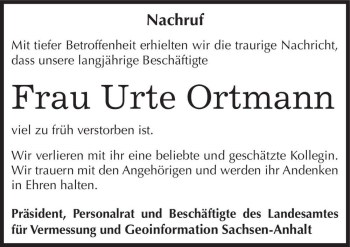 Traueranzeige von Urte Ortmann  von Magdeburger Volksstimme