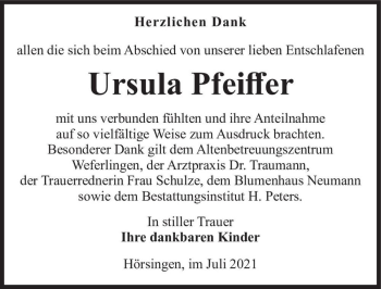 Traueranzeige von Urula Pfeiffer  von Magdeburger Volksstimme