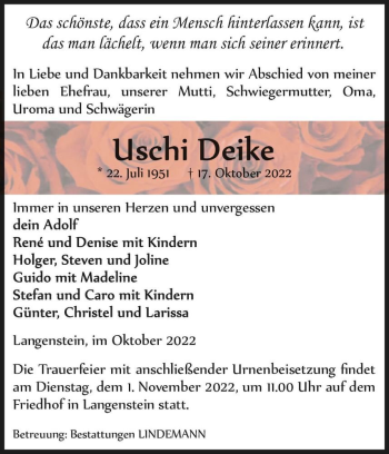 Traueranzeige von Uschi Deike  von Magdeburger Volksstimme