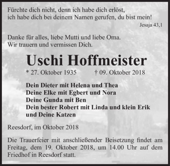 Traueranzeige von Uschi Hoffmeister  von Magdeburger Volksstimme
