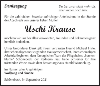 Traueranzeige von Uschi Krause  von Magdeburger Volksstimme