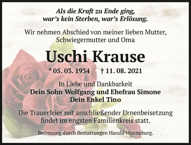  Traueranzeige für Uschi Krause  vom 21.08.2021 aus Magdeburger Volksstimme