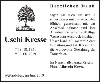 Traueranzeige von Uschi Kresse  von Magdeburger Volksstimme