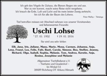 Traueranzeige von Uschi Lohse  von Magdeburger Volksstimme