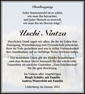 Traueranzeige von Uschi Nintza  von Magdeburger Volksstimme