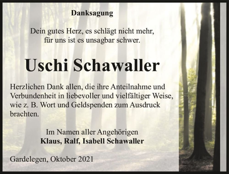  Traueranzeige für Uschi Schawaller  vom 16.10.2021 aus Magdeburger Volksstimme