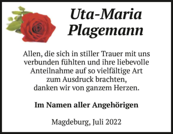 Traueranzeige von Uta-Maria Plagemann  von Magdeburger Volksstimme