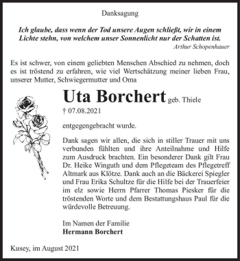 Traueranzeige von Uta Borchert (geb. Thiele)  von Magdeburger Volksstimme