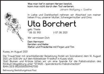 Traueranzeige von Uta Borchert (geb. Thiele)  von Magdeburger Volksstimme