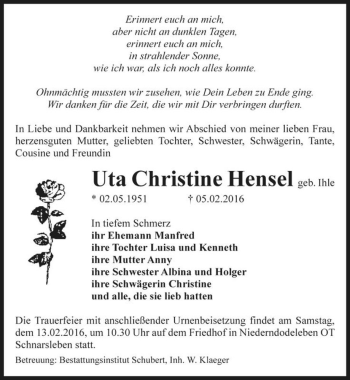 Traueranzeige von Uta Christine Hensel (geb. Ihle)  von Magdeburger Volksstimme