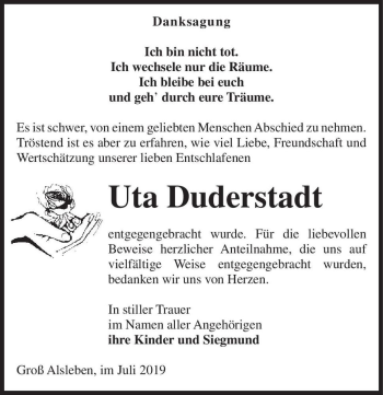 Traueranzeige von Uta Duderstadt  von Magdeburger Volksstimme