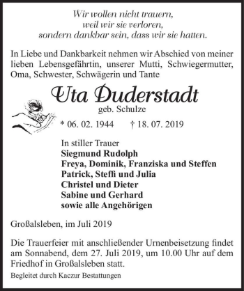 Traueranzeige von Uta Duderstadt (geb. Schulze)  von Magdeburger Volksstimme