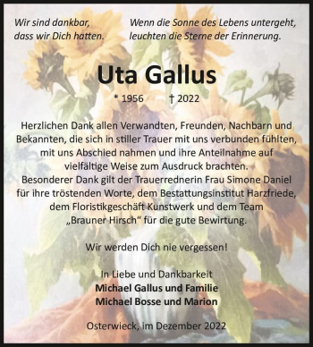 Traueranzeige von Uta Gallus  von Magdeburger Volksstimme