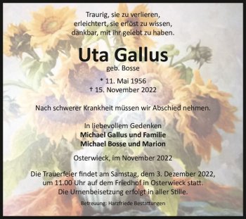 Traueranzeige von Uta Gallus (geb. Bosse)  von Magdeburger Volksstimme