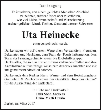 Traueranzeige von Uta Heinecke  von Magdeburger Volksstimme