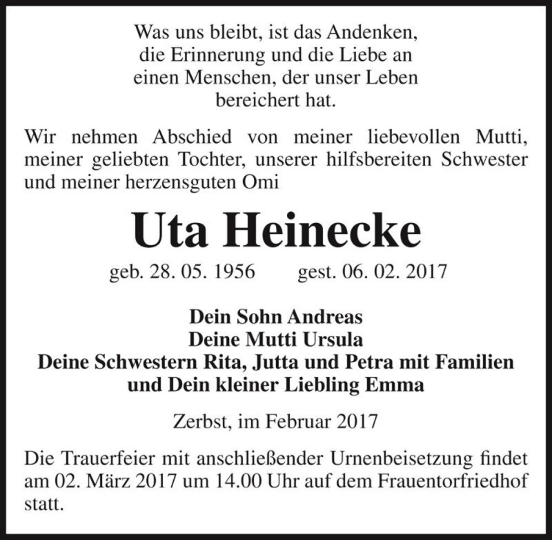  Traueranzeige für Uta Heinecke  vom 18.02.2017 aus Magdeburger Volksstimme
