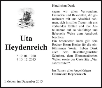 Traueranzeige von Uta Heydenreich  von Magdeburger Volksstimme