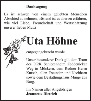 Traueranzeige von Uta Höhne  von Magdeburger Volksstimme