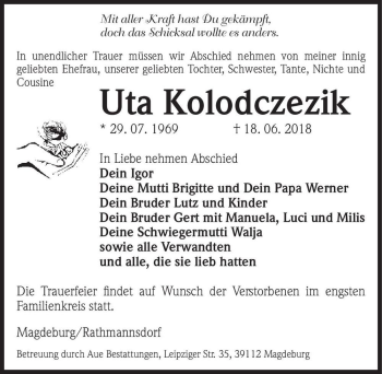 Traueranzeige von Uta Kolodczezik  von Magdeburger Volksstimme